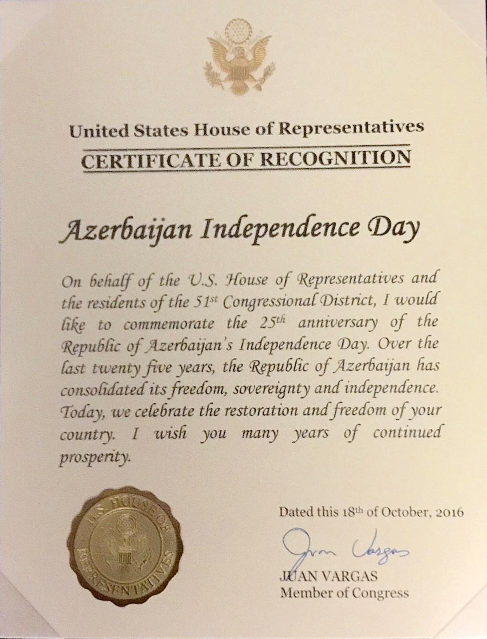 U.S. Congresswoman congratulates Azerbaijan with  special proclamation