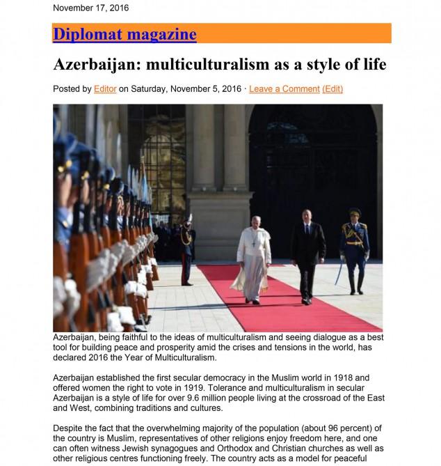 Diplomat Magazine: Azerbaijan: multiculturalism as a style of life