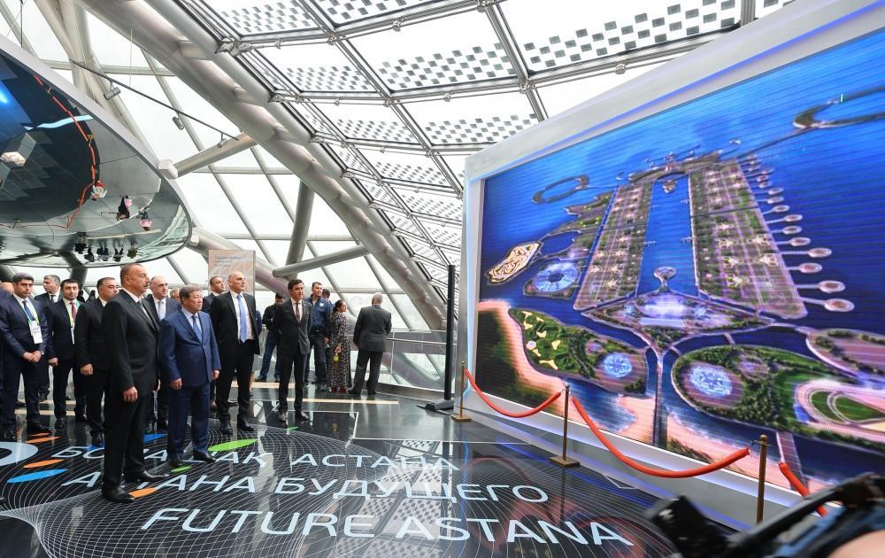 President Aliyev views Azerbaijani, Kazakh booths at EXPO 2017 Astana int’l exhibition [PHOTO]