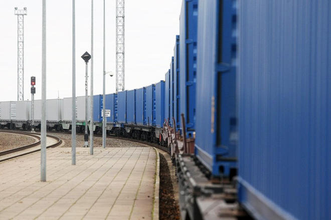 Freight train running along BTK railway arriving in Ankara