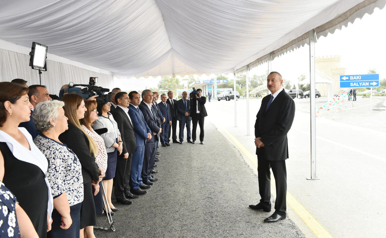 President Ilham Aliyev attends opening of Chukhanli-Ganjali-Piratman-Parcha Khalaj-Seyidan highway of Salyan district