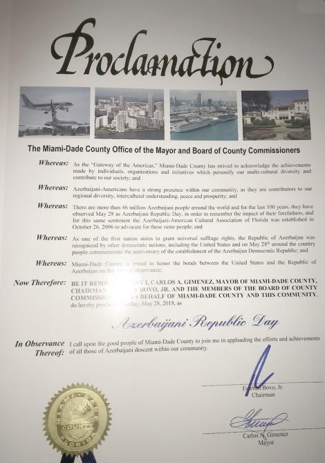 May 28 declared National Day of Azerbaijan in Miami-Dade County