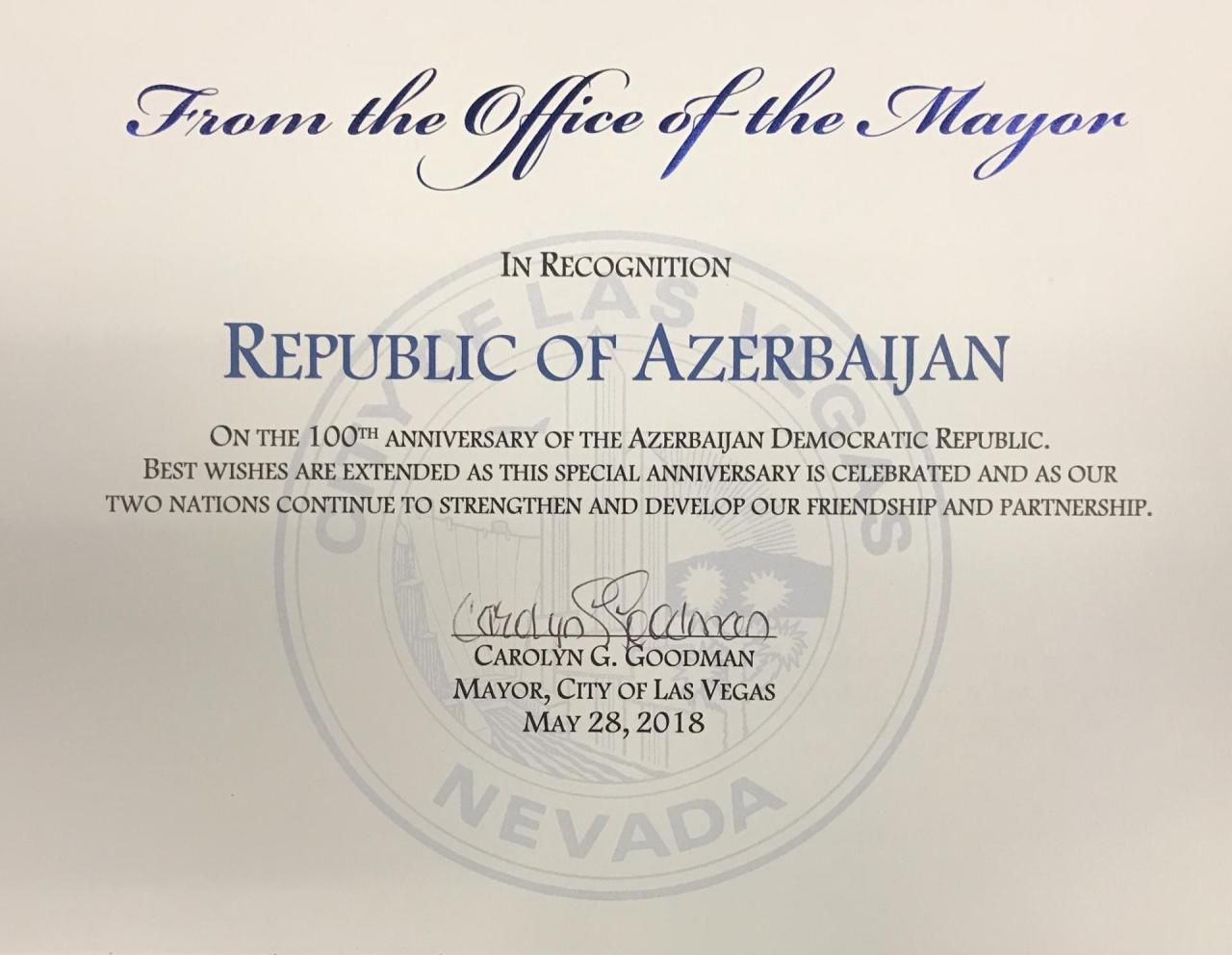 Mayor of Las Vegas inks proclamation on centenary of Azerbaijan Democratic Republic [PHOTO]
