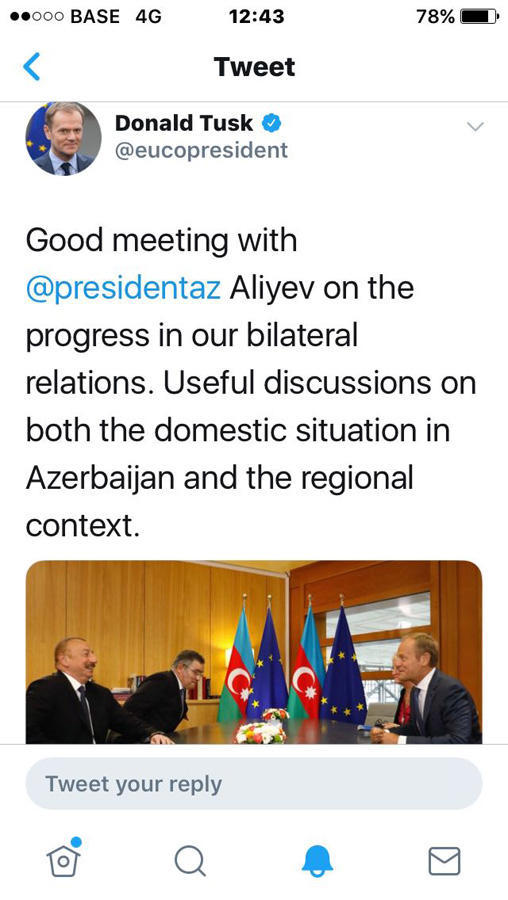 EU officials tweet about Ilham Aliyev’s meeting with Donald Tusk in Brussels