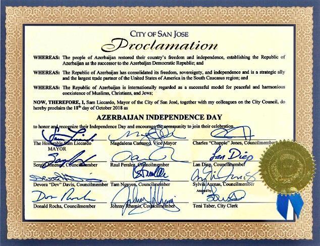 City of San Jose in California proclaims October 18 as 'Azerbaijan Independence Day'