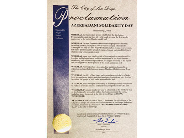 U.S. City of San Diego proclaims December 31 as ‘Azerbaijani Solidarity Day’