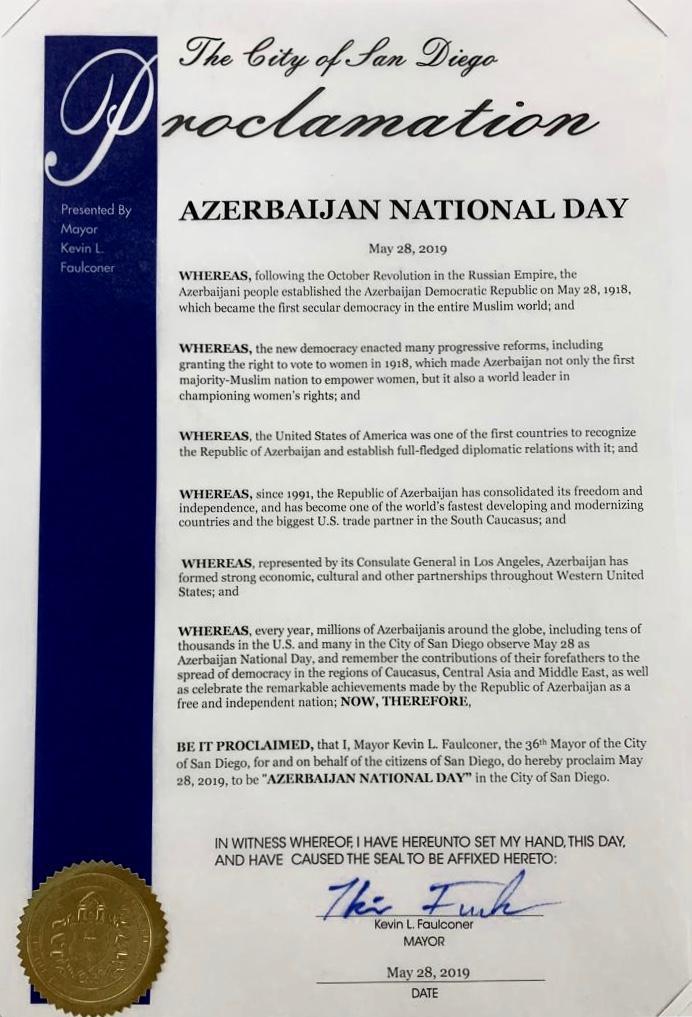 San Diego proclaims May 28 as ‘Azerbaijan National Day’