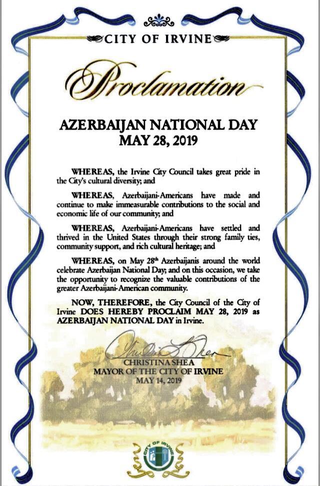 California’s Irvine city proclaims May 28 as ‘Azerbaijan National Day’