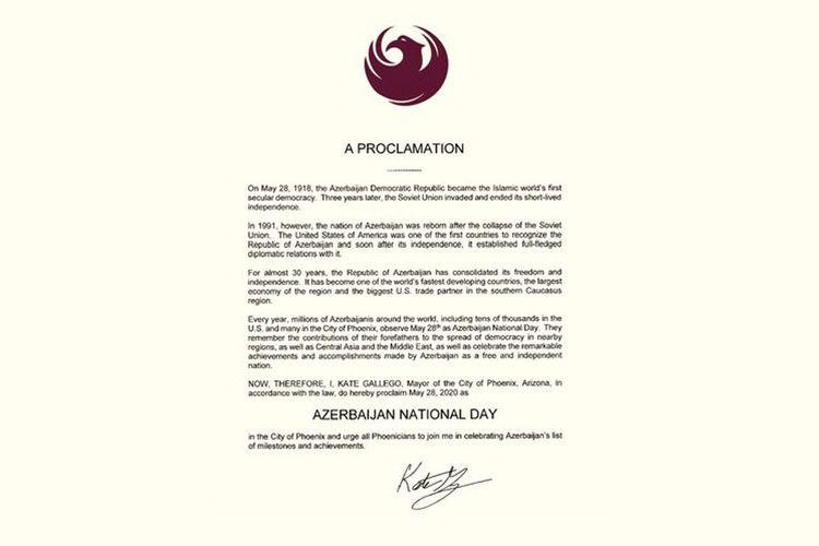 Arizona state declares May 28 "Azerbaijan National Day"