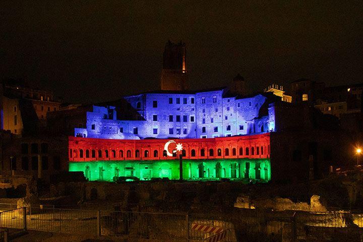Mercati di Traiano monumental complex of Ancient Rome lit with colors of Azerbaijani flag [PHOTO]
