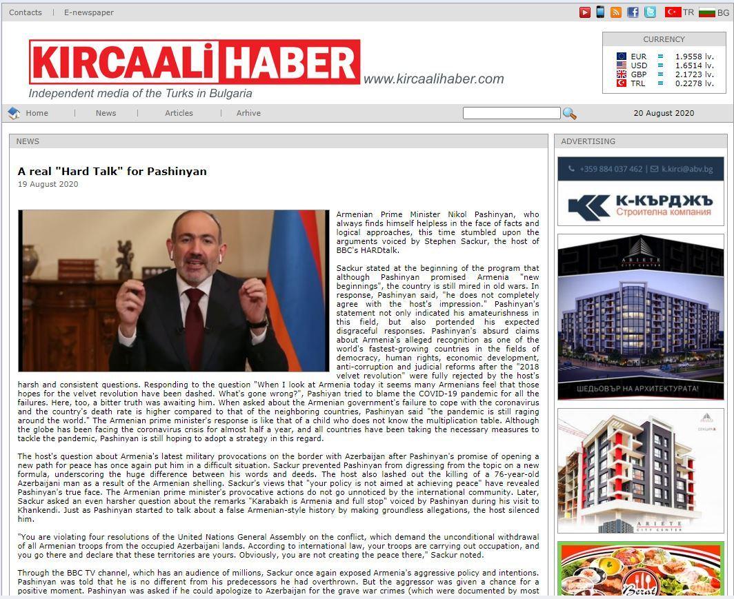 Bulgarian newspaper highlights Pashinyan's embarrassing interview with BBC