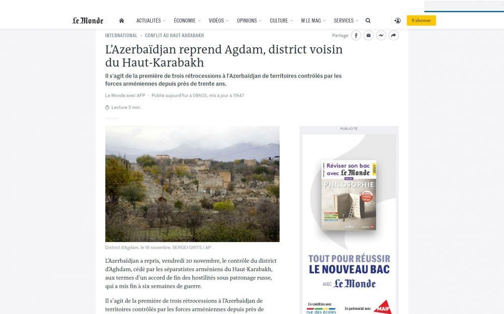 France highlights liberation of Azerbaijan's Aghdam from Armenian occupation [PHOTO]