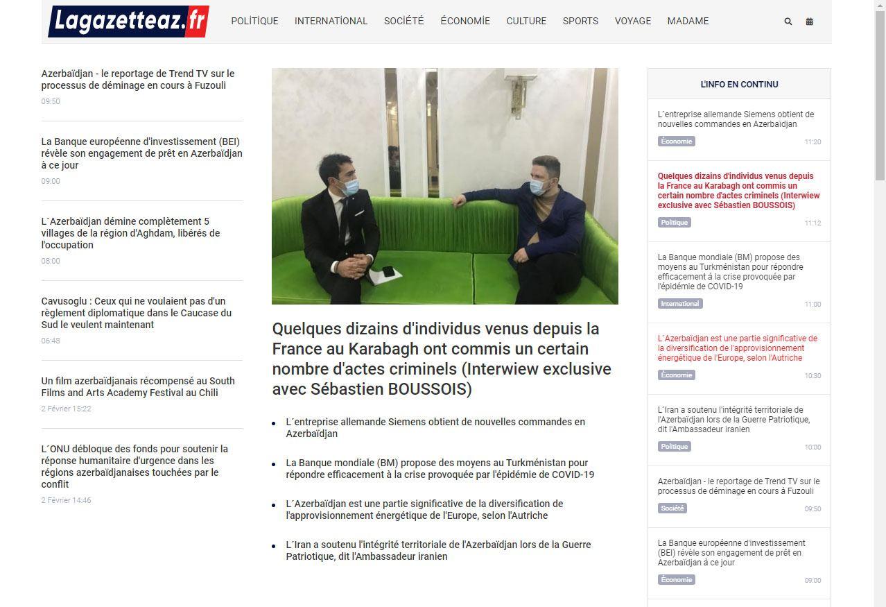 Some French visitors to Karabakh committed crimes - interview to Lagazetteaz newspaper