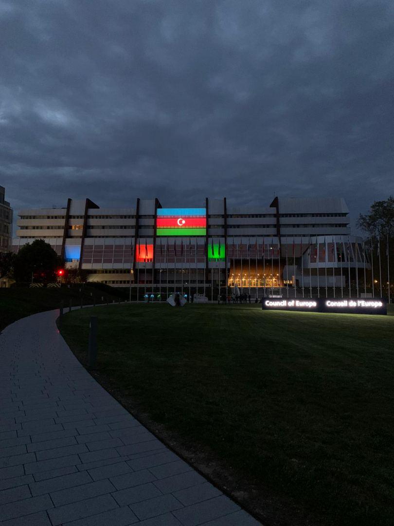 Azerbaijani flag illuminating CE headquarters in Strasbourg [PHOTO]