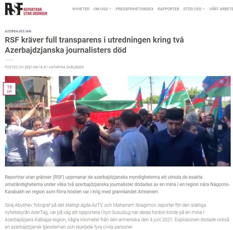 Reporters Without Borders rep in Sweden posts article on death of Azerbaijani journalists in Kalbajar