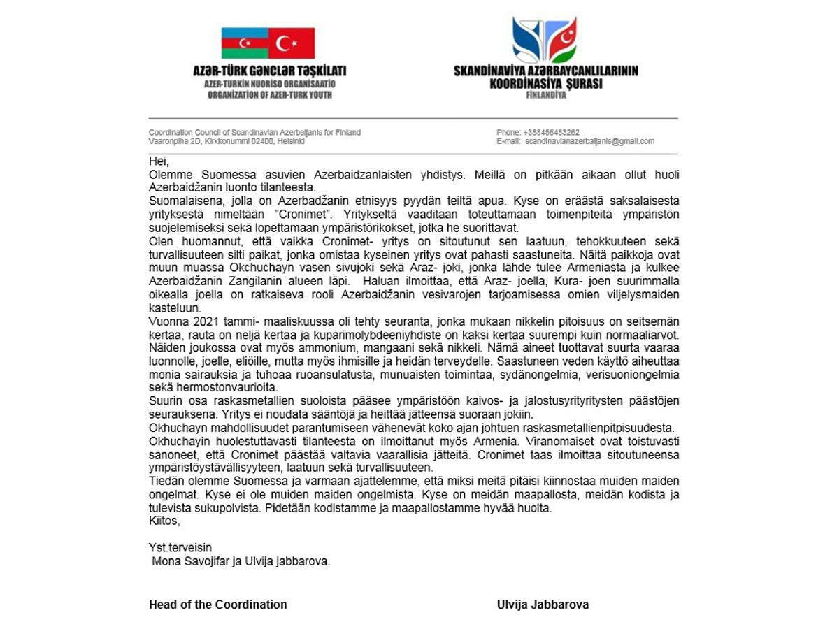 Azerbaijanis of Finland appeal to int'l organizations on Okhchuchay River's pollution