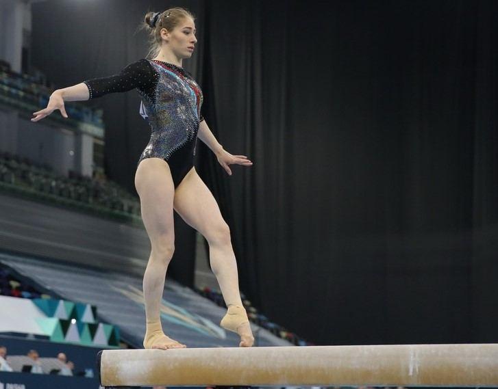 Marina Nekrasova presented an exercise on the balance beam as part of the competition at the Tokyo Olympics