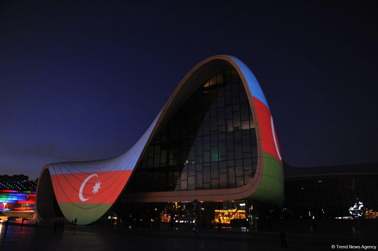 Heydar Aliyev Center in Baku illuminated with colors of National Flag of Azerbaijan [PHOTO]