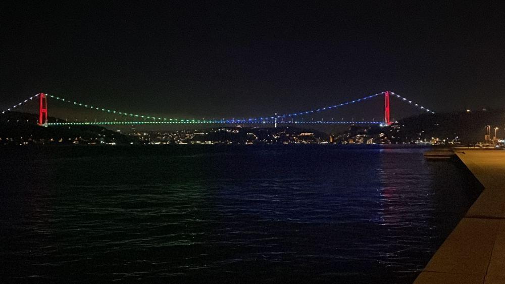 Fatih Sultan Mehmet Bridge in Istanbul painted in colors of Azerbaijani flag
