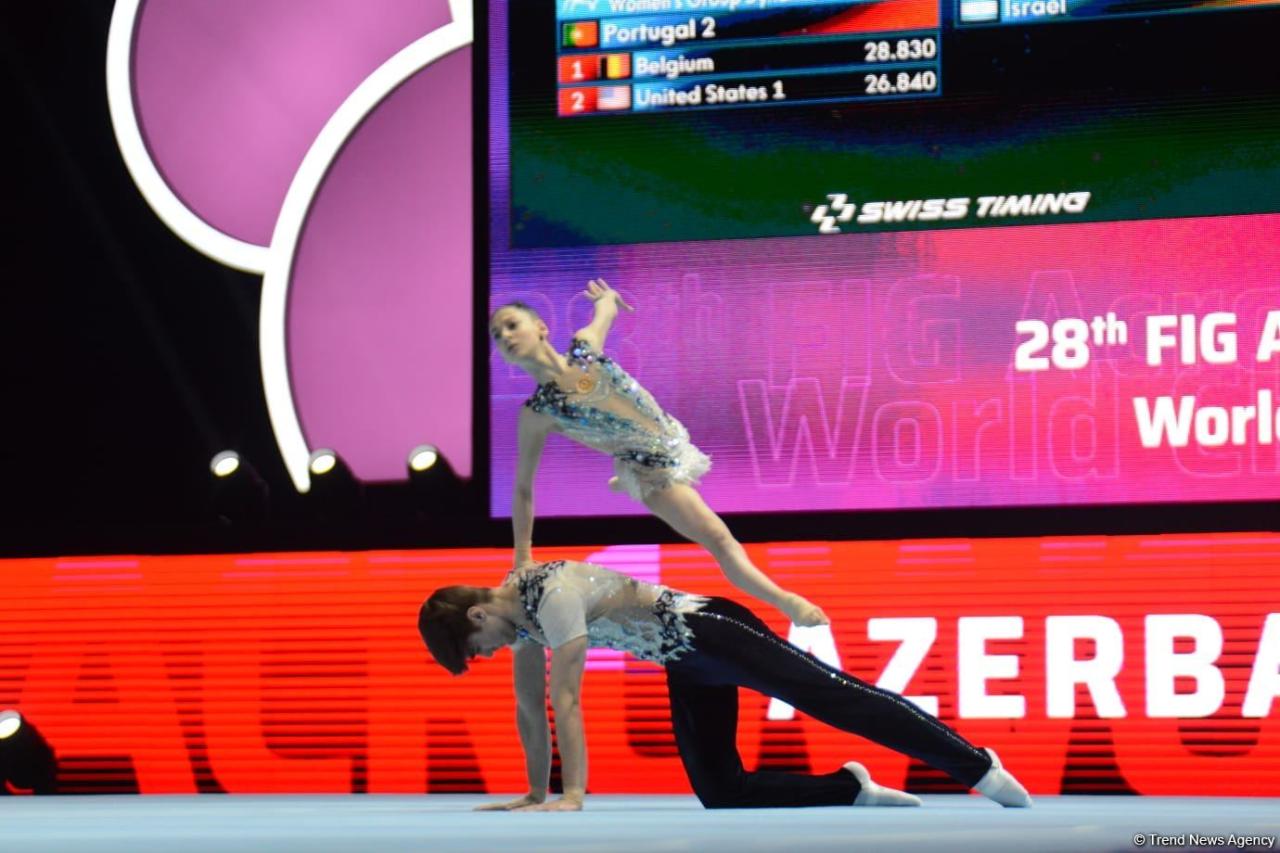 National gymnasts demonstrate balance exercise at World Championships in Baku
