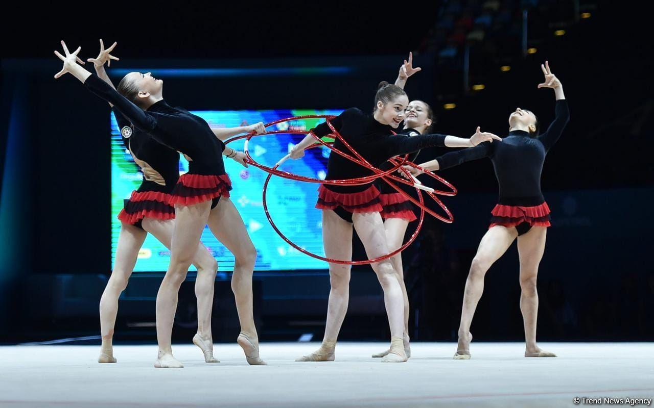 Azerbaijan's team presents five hoops program in group exercises at FIG Rhythmic Gymnastics World Cup in Baku [PHOTO]