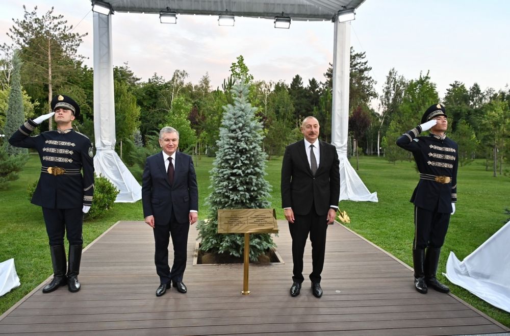 Azerbaijani, Uzbek presidents plant tree on Alley of Honored Guests [PHOTO/VIDEO]