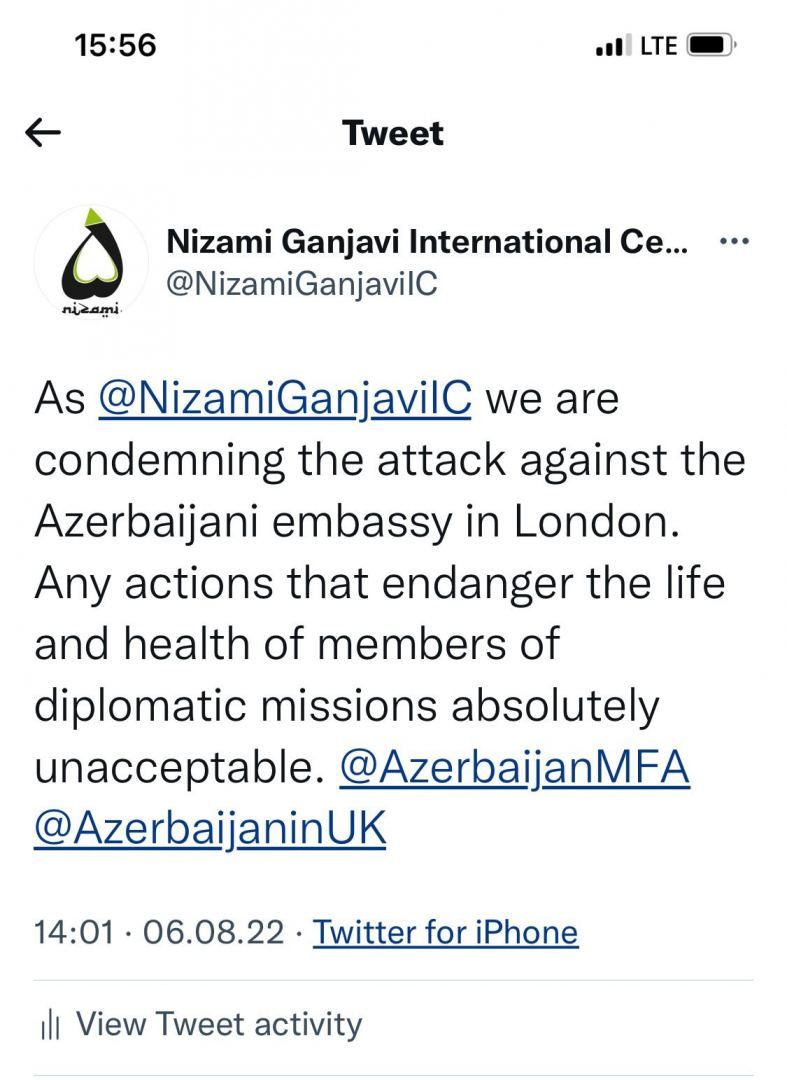 Nizami Ganjavi International Center condemn attack on Azerbaijani embassy in London - Gallery Image