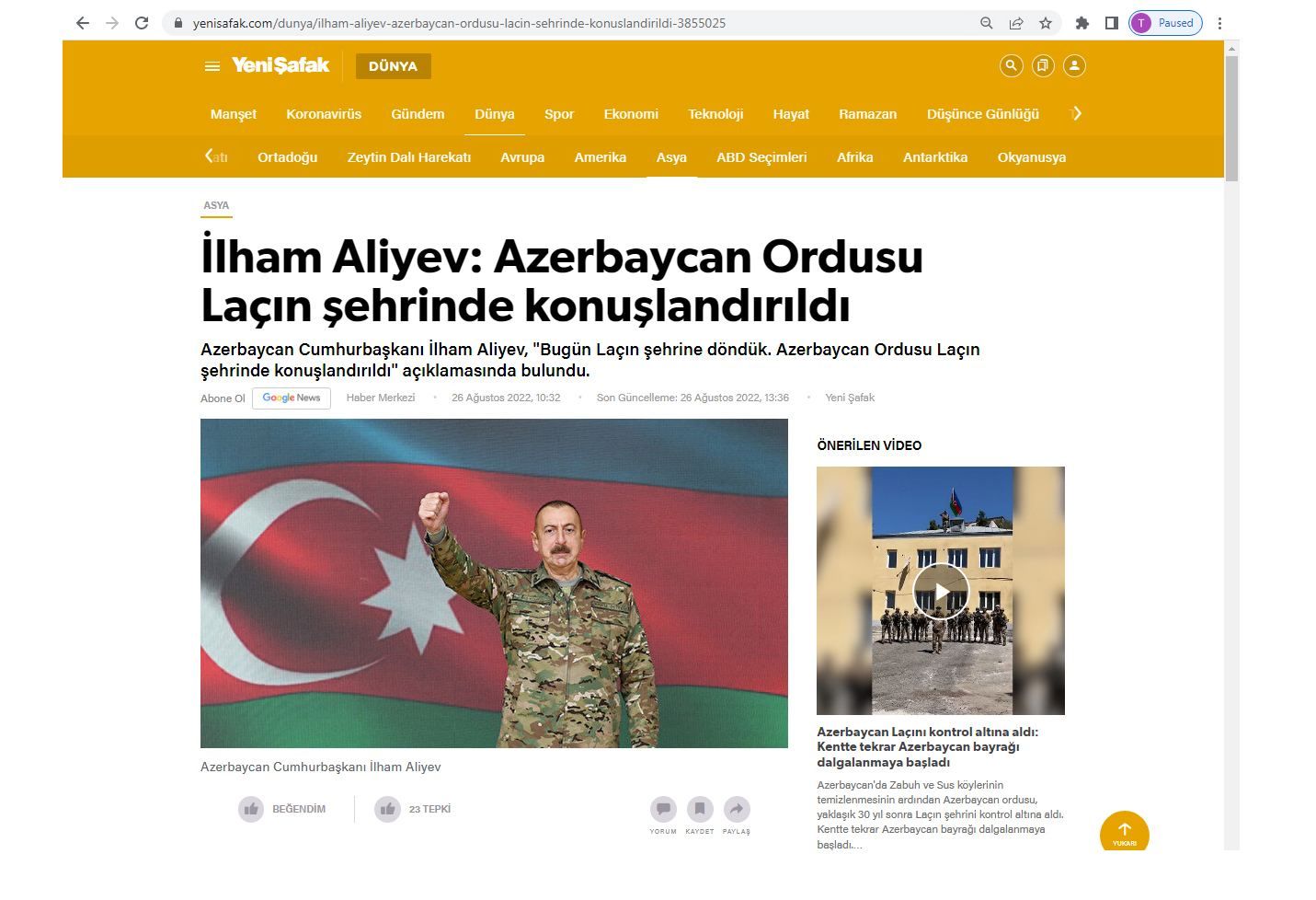 Influential Turkish newspaper writes about return of Azerbaijanis to Lachin