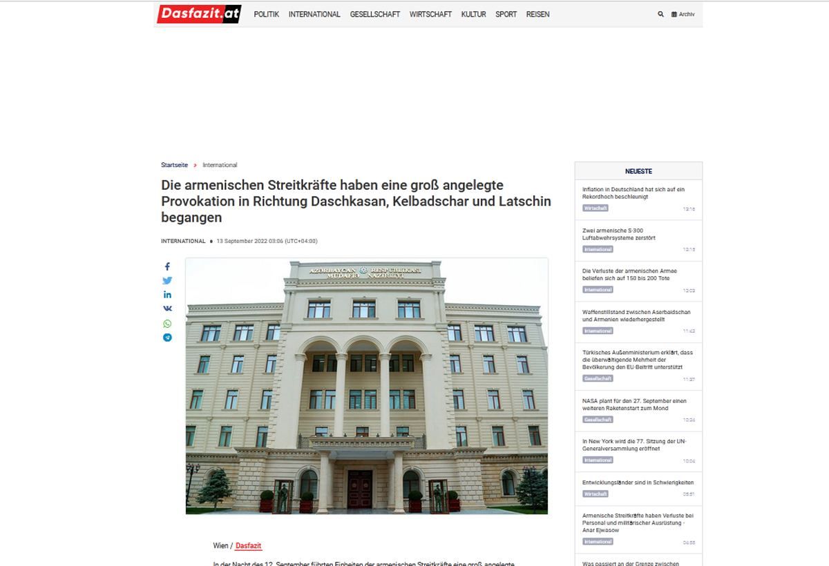 Austria's media reports on latest events on Azerbaijan-Armenia border