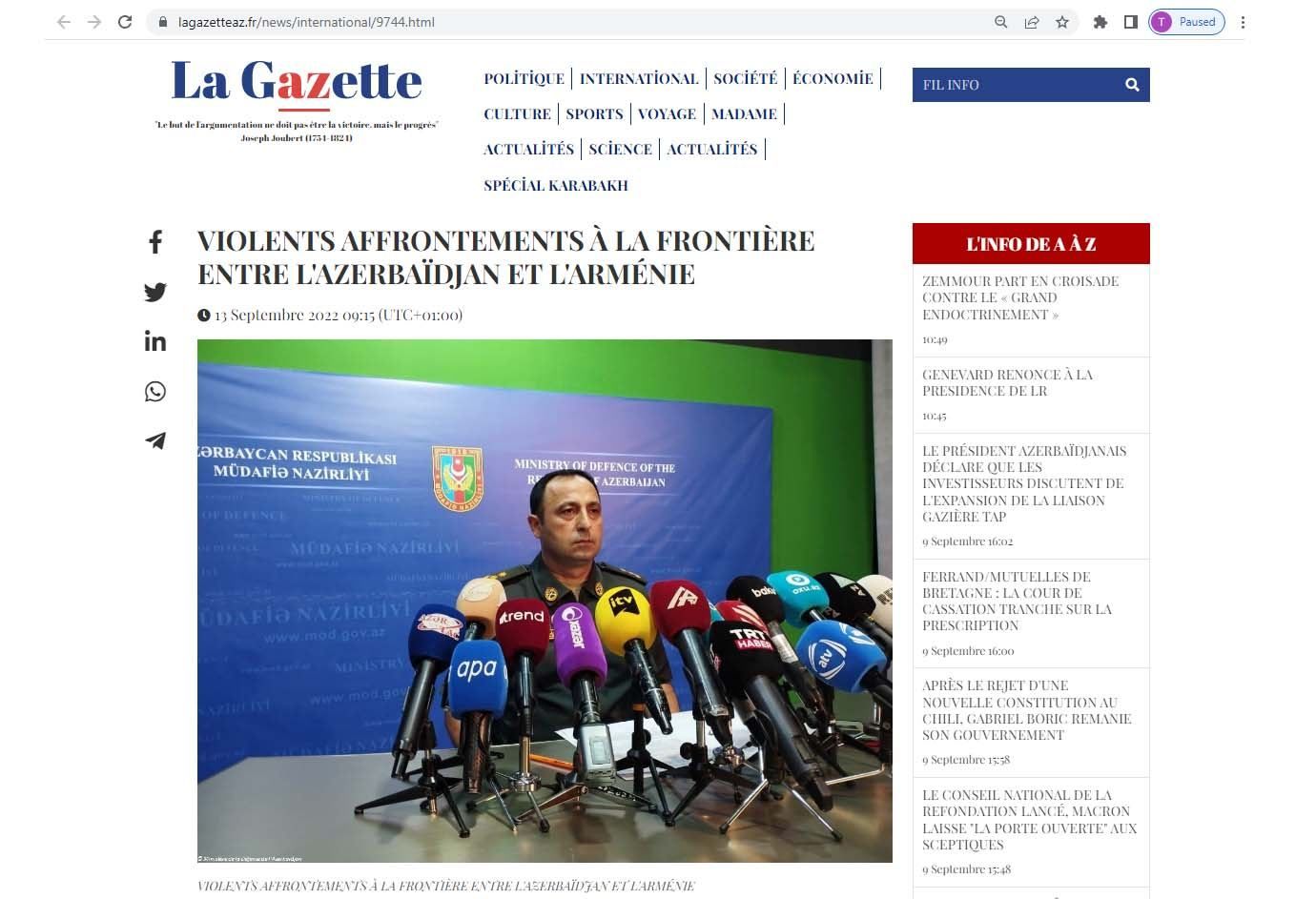 French media publishes article about military provocation of Armenia against Azerbaijan