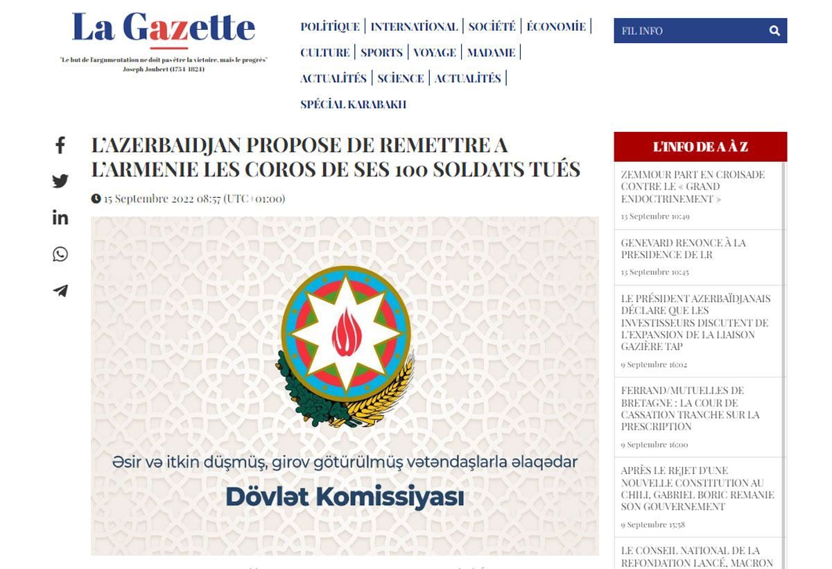 French media highlights Azerbaijan's readiness to repatriate Armenian servicemen's bodies