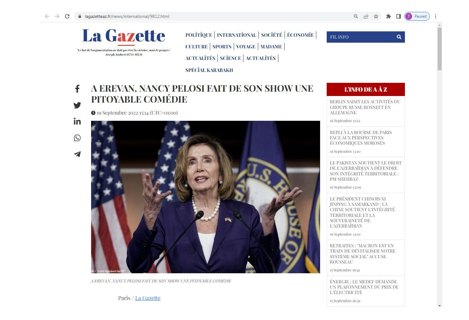 Pelosi's visit to Yerevan not serving establishment of regional peace, stability - French media