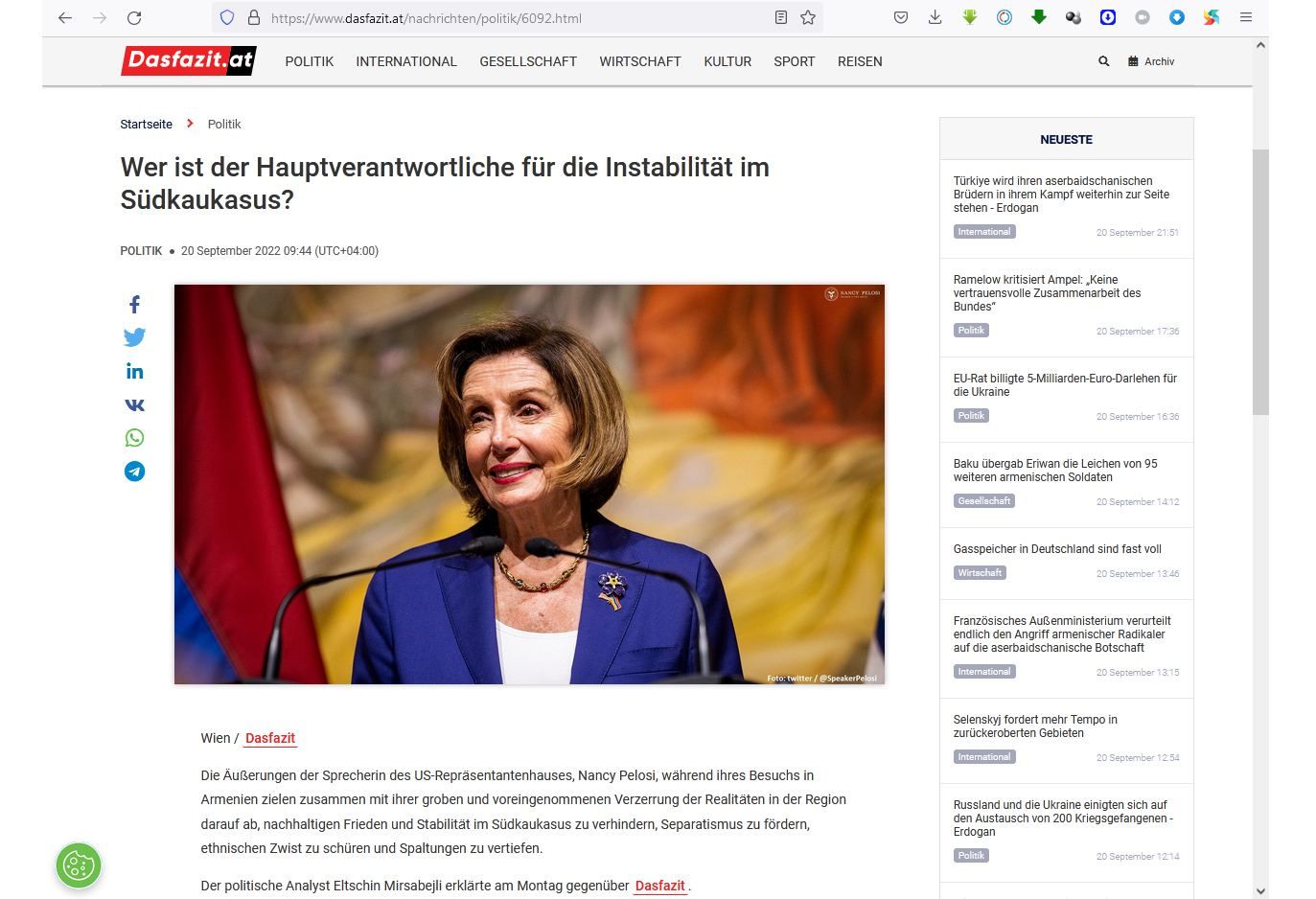 Austrian media highlights destabilizing impact of Pelosi's visit to Armenia