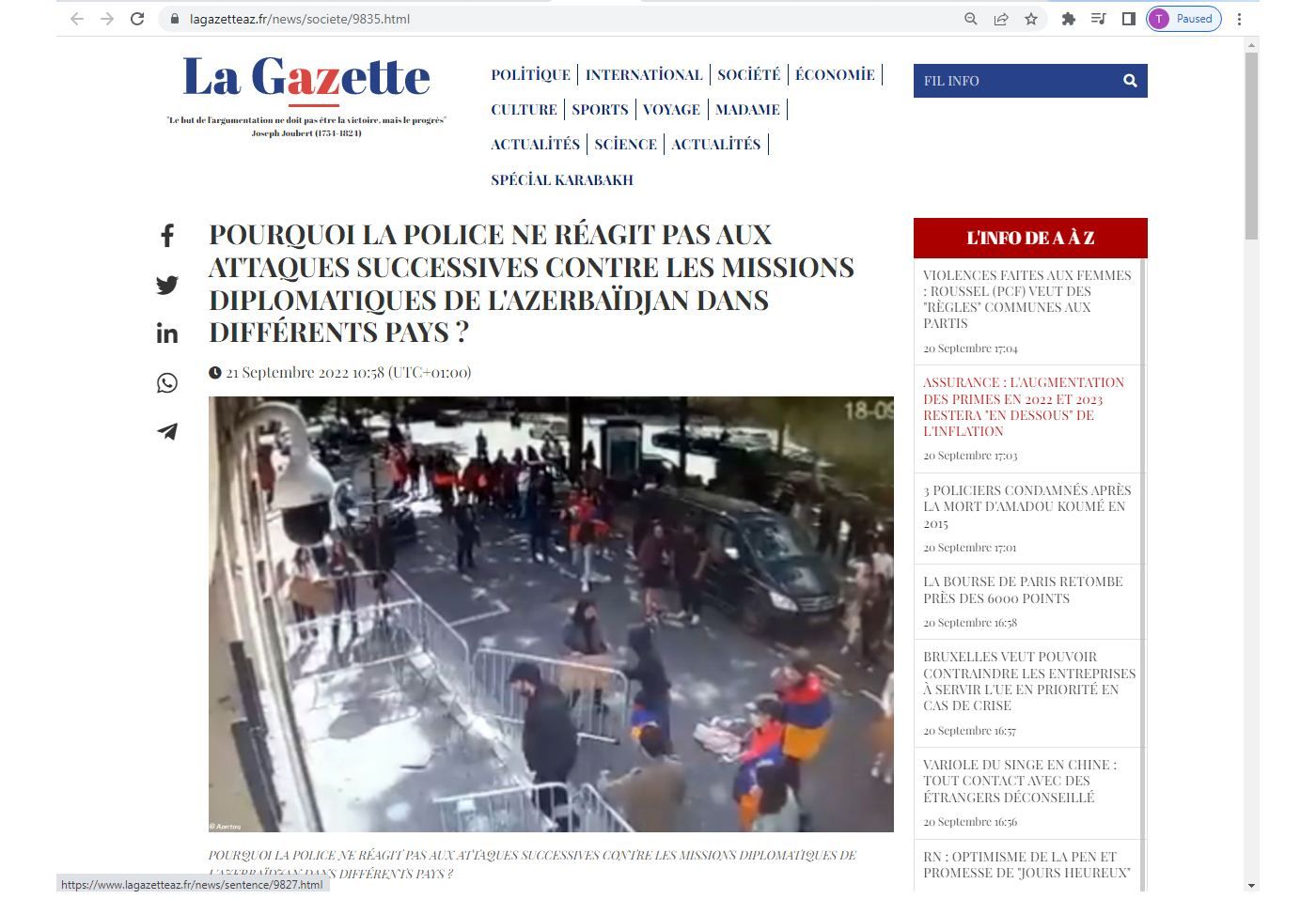 French media publishes article about attacks of Armenian radicals on Azerbaijani Embassy