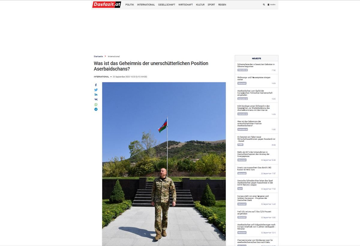 Austrian media issues article on trip of President Ilham Aliyev to Lachin