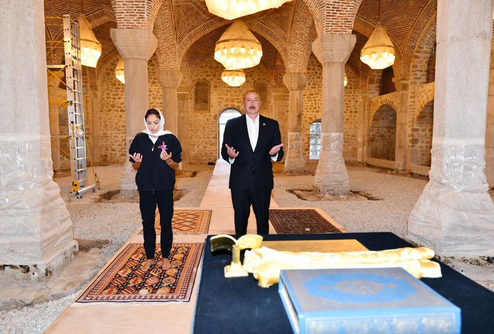 President Ilham Aliyev and First Lady Mehriban Aliyeva visit Yukhari Govharagha Mosque in Shusha and view reconstruction and restoration work underway here [UPDATE]