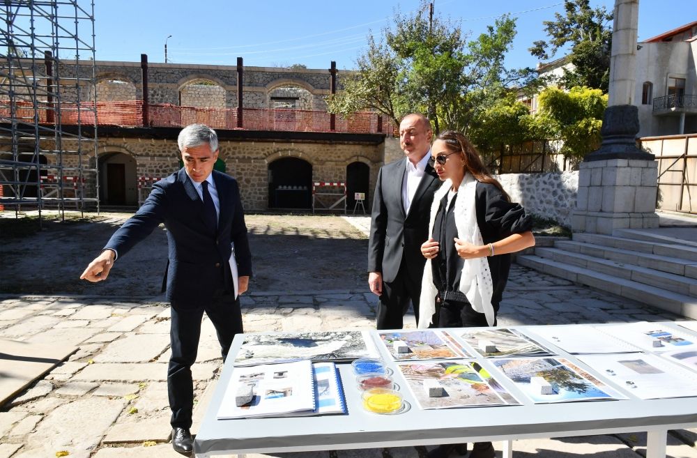 President Ilham Aliyev and First Lady Mehriban Aliyeva visit Yukhari Govharagha Mosque in Shusha and view reconstruction and restoration work underway here [UPDATE] - Gallery Image