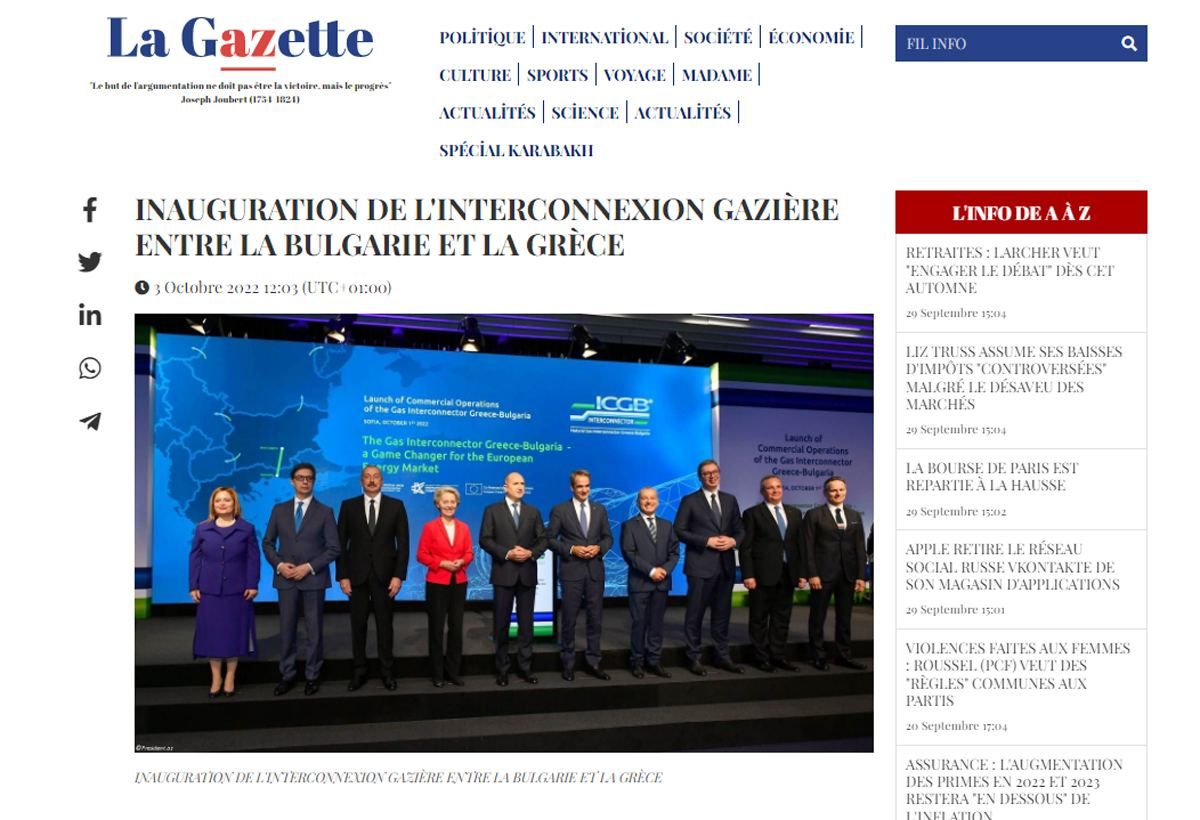 French media publishes article on Azerbaijan turning into reliable gas supplier to Europe
