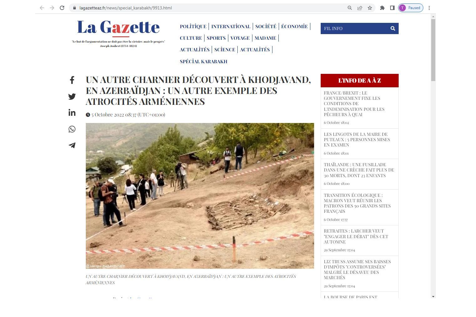 French media publishes article about Armenia's failure to provide Azerbaijan with map of mass grave sites