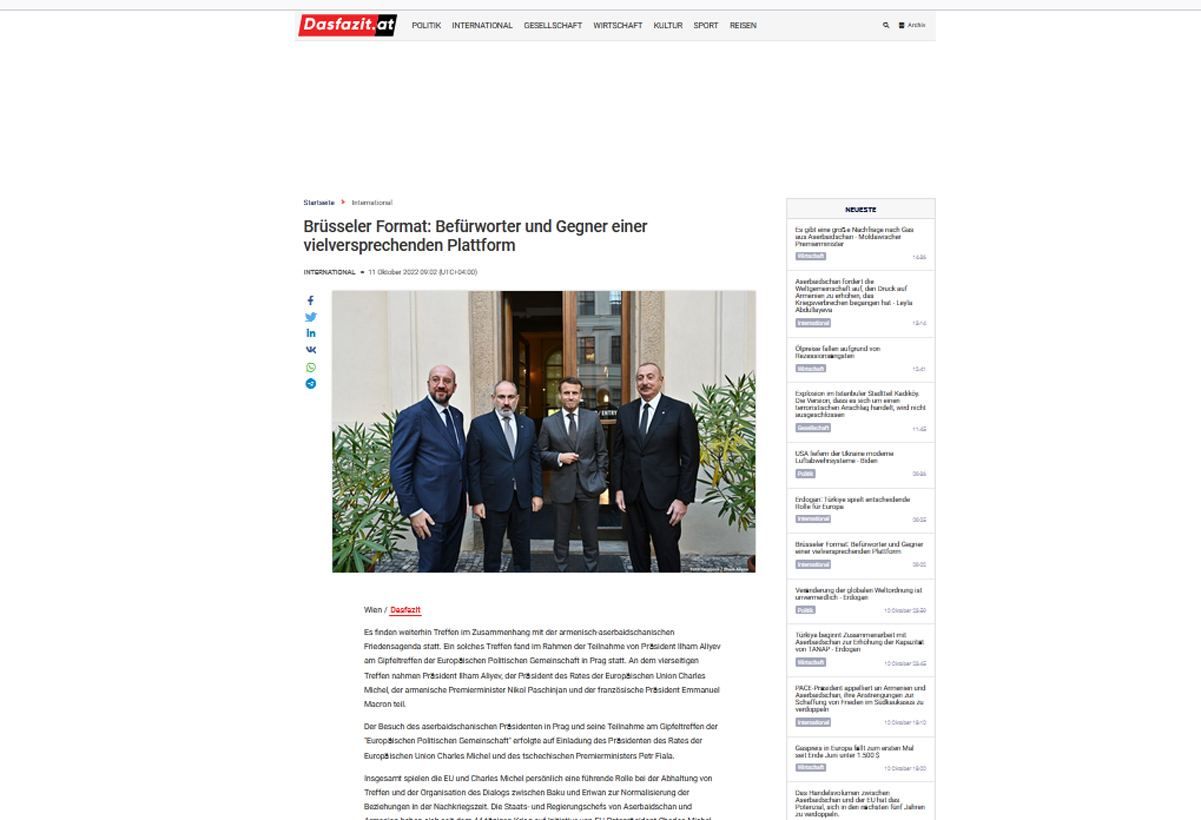 Austrian media reports on Brussels format prospects of Azerbaijan-Armenia negotiations