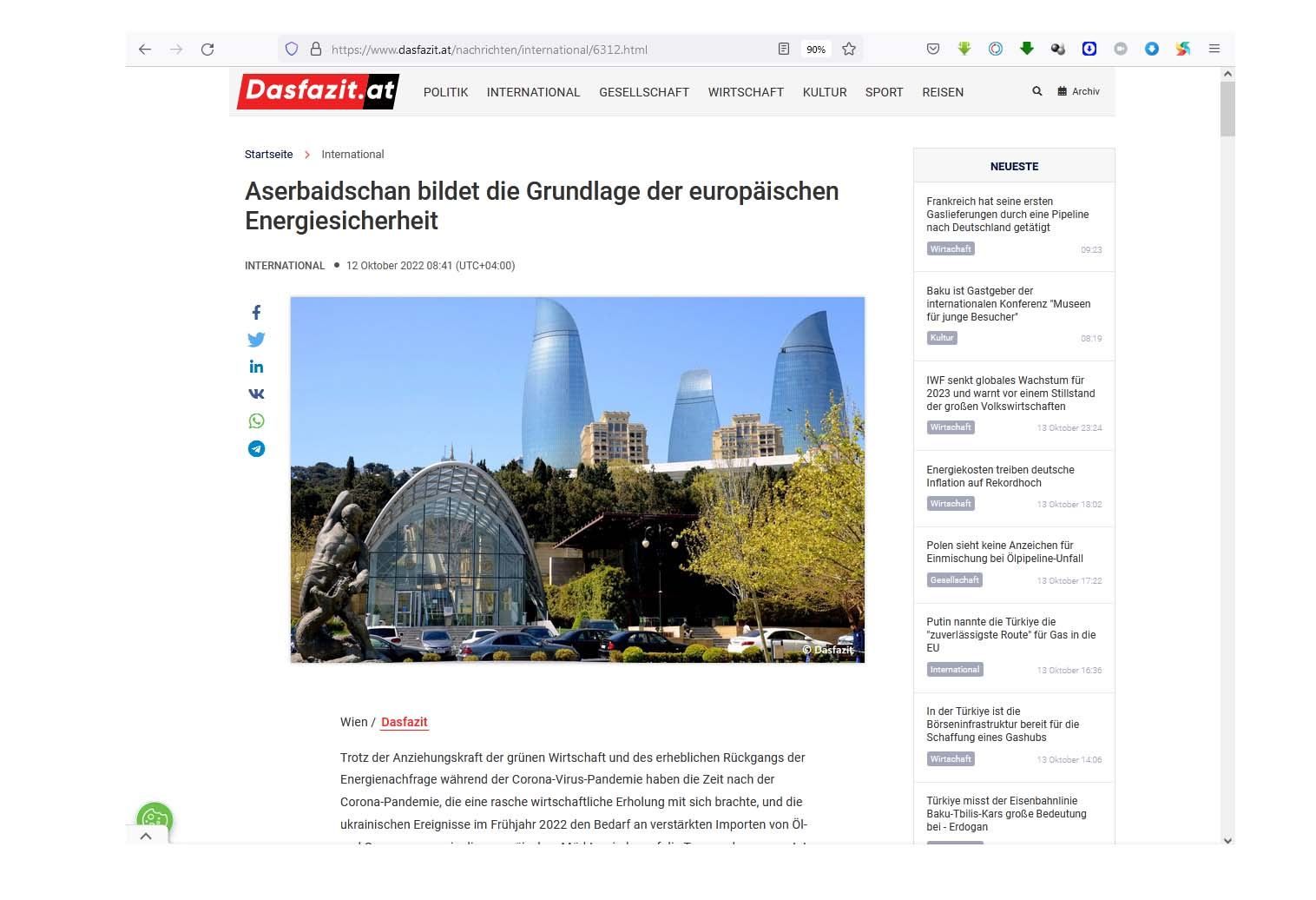 Austrian media publishes article on Azerbaijan's growing role in energy security of Europe
