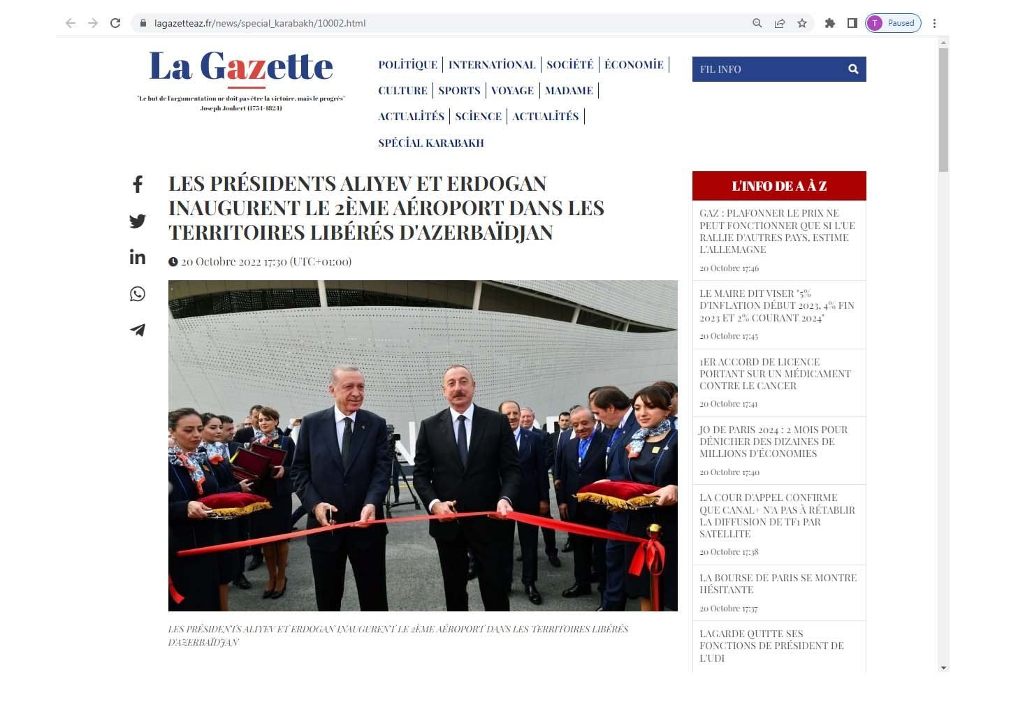 French press highlights opening of Azerbaijan's Zangilan International Airport