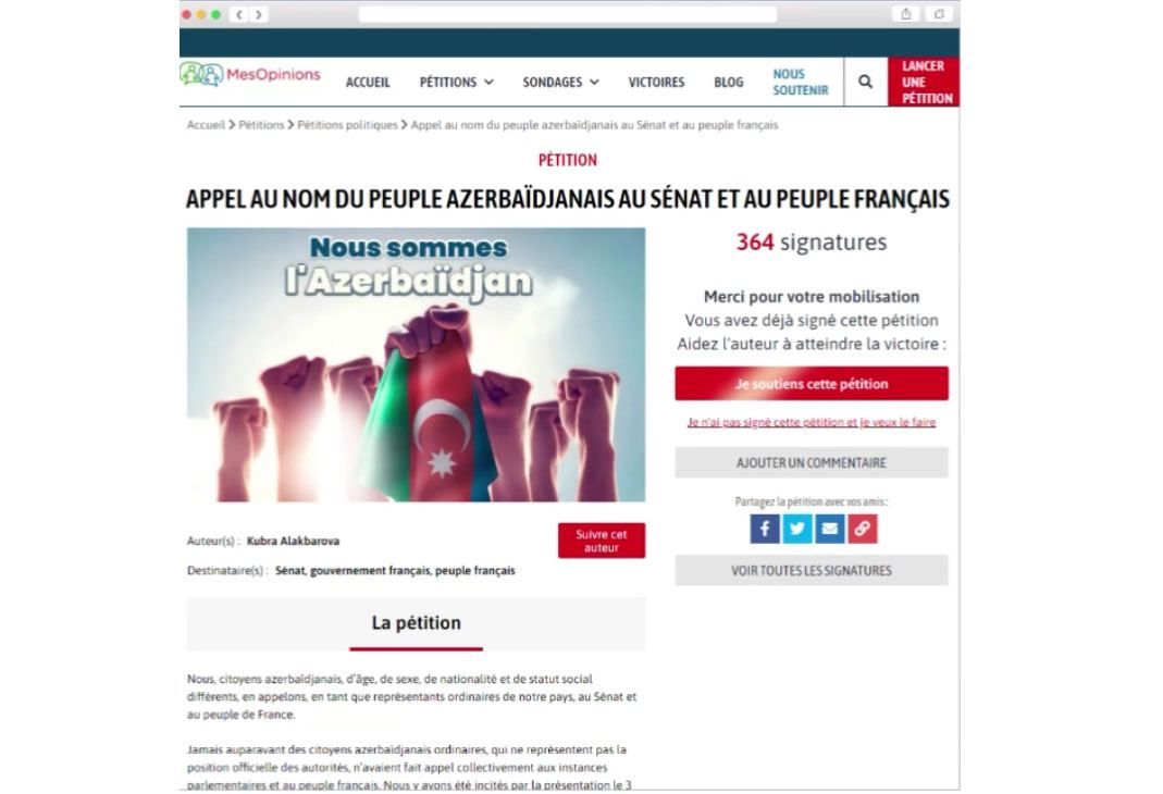 Petition of protest prepared in connection with anti-Azerbaijani resolution in French Senate