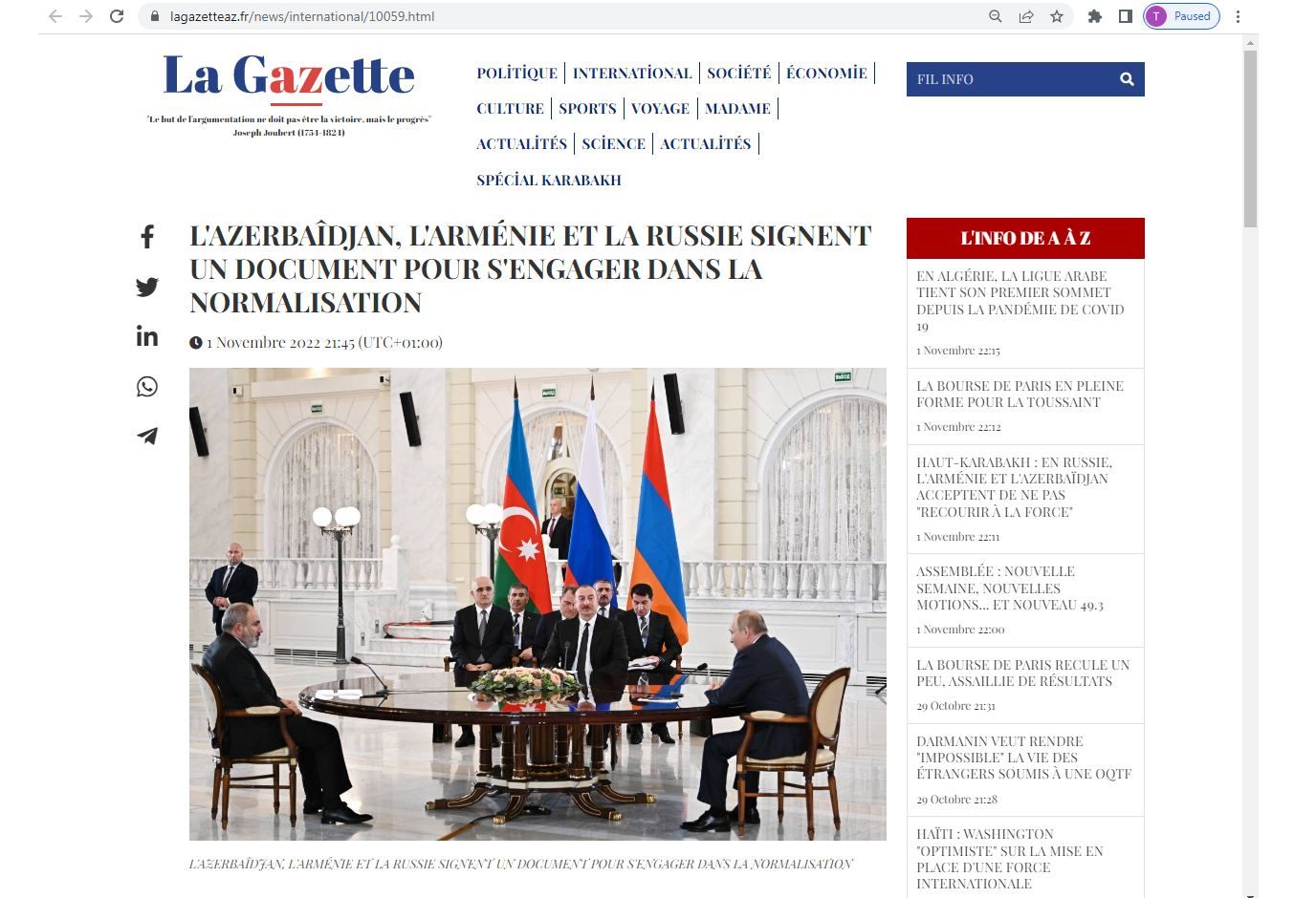 French media covers trilateral meeting of Azerbaijani, Russian and Armenian leaders in Sochi