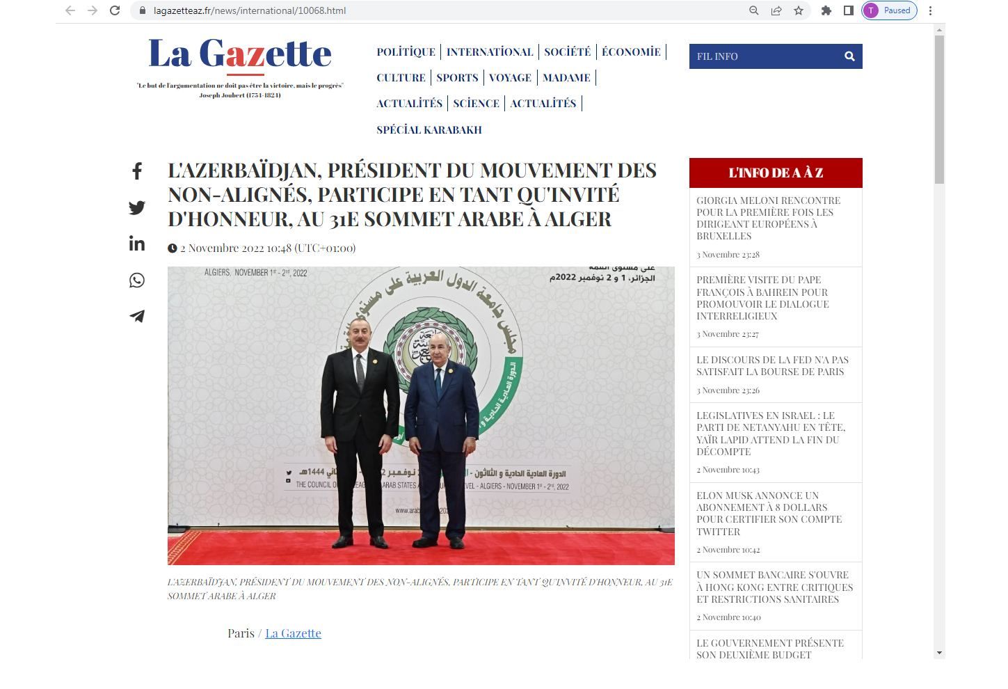 French press covers participation of Azerbaijan's president at opening of Arab League Summit