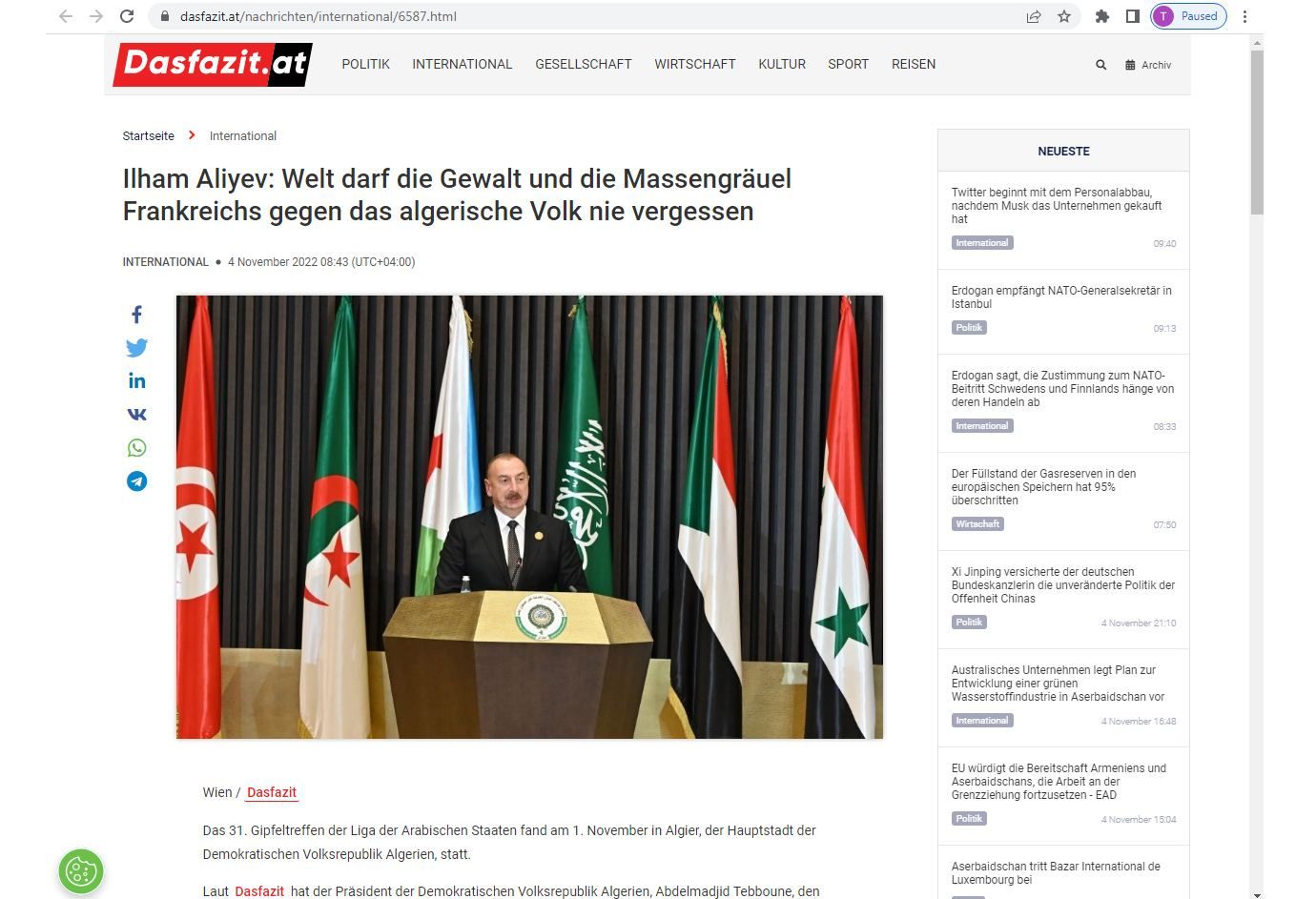 Austrian media publishes article about President Ilham Aliyev's speech at 31st Arab League Summit in Algiers