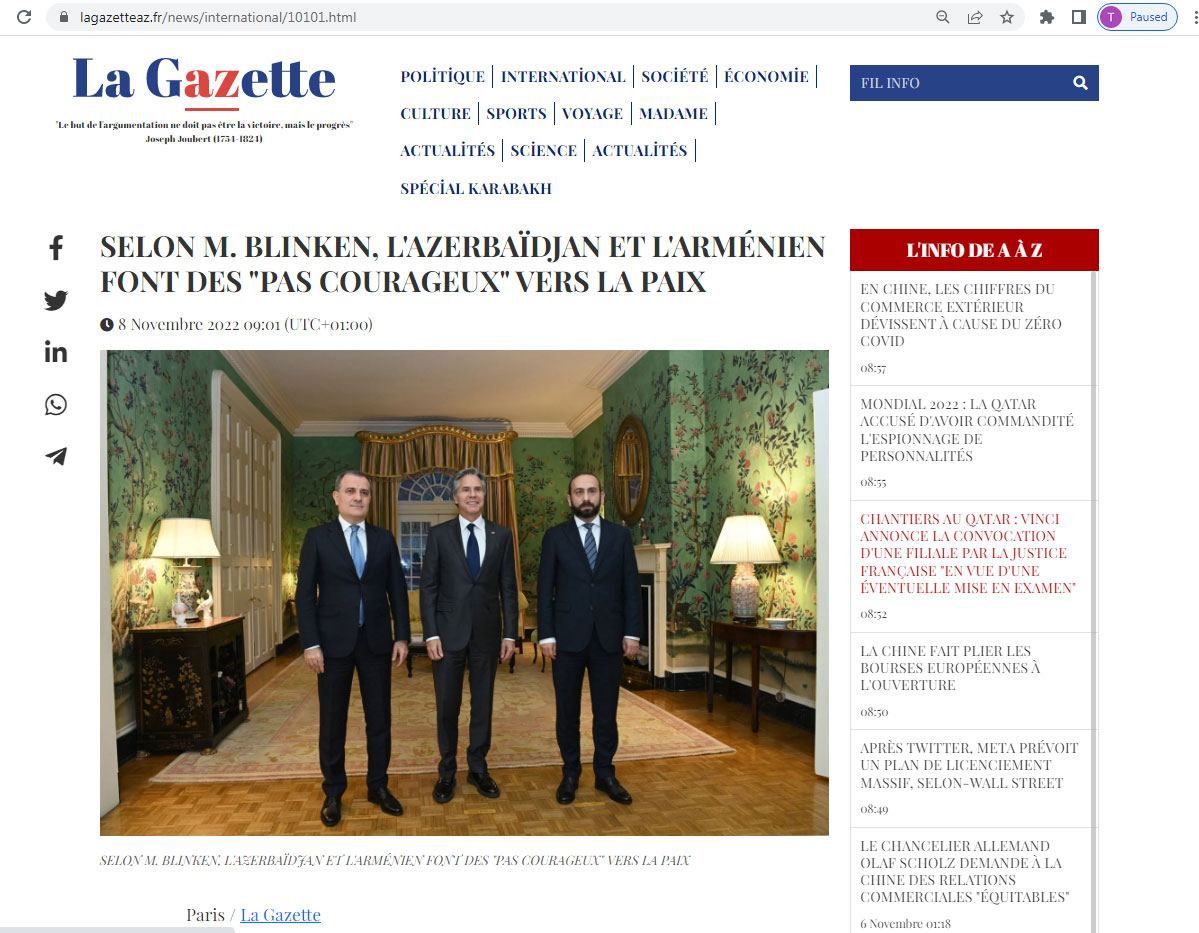 Article published in French press about call of Azerbaijani side to Armenia to refrain from actions that could disrupt peace process