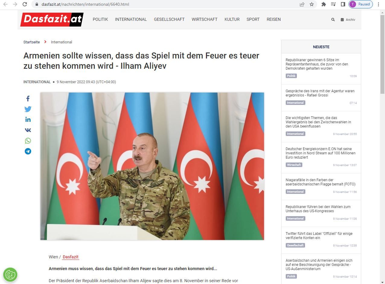 Austrian media publishes article dedicated to President Ilham Aliyev's speech to servicemen on Victory Day in Shusha