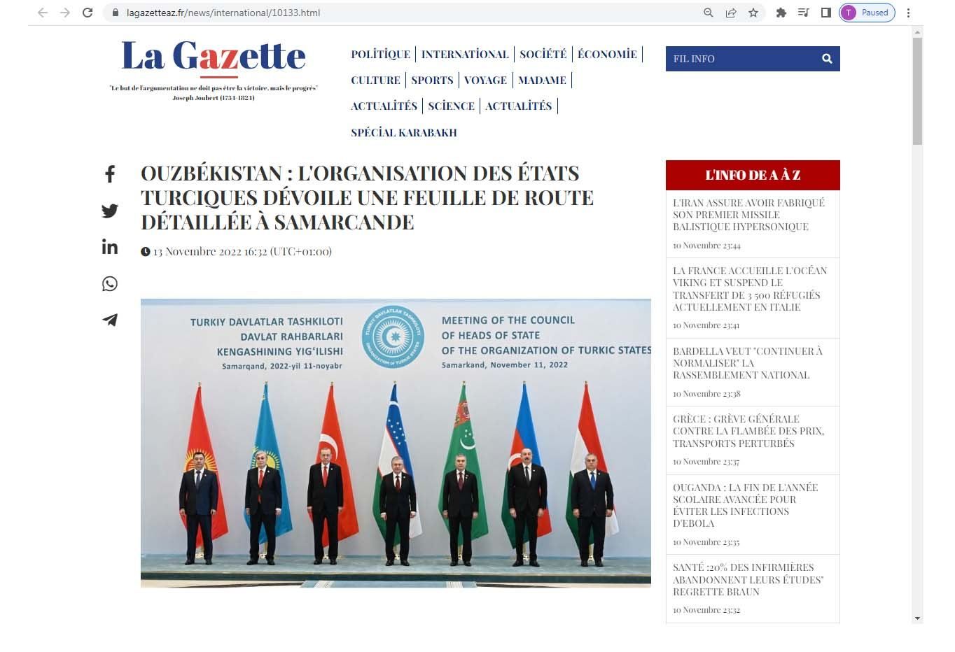 French media covers Organization of Turkic States' activity as another proof of President Ilham Aliyev's far-sighted policy