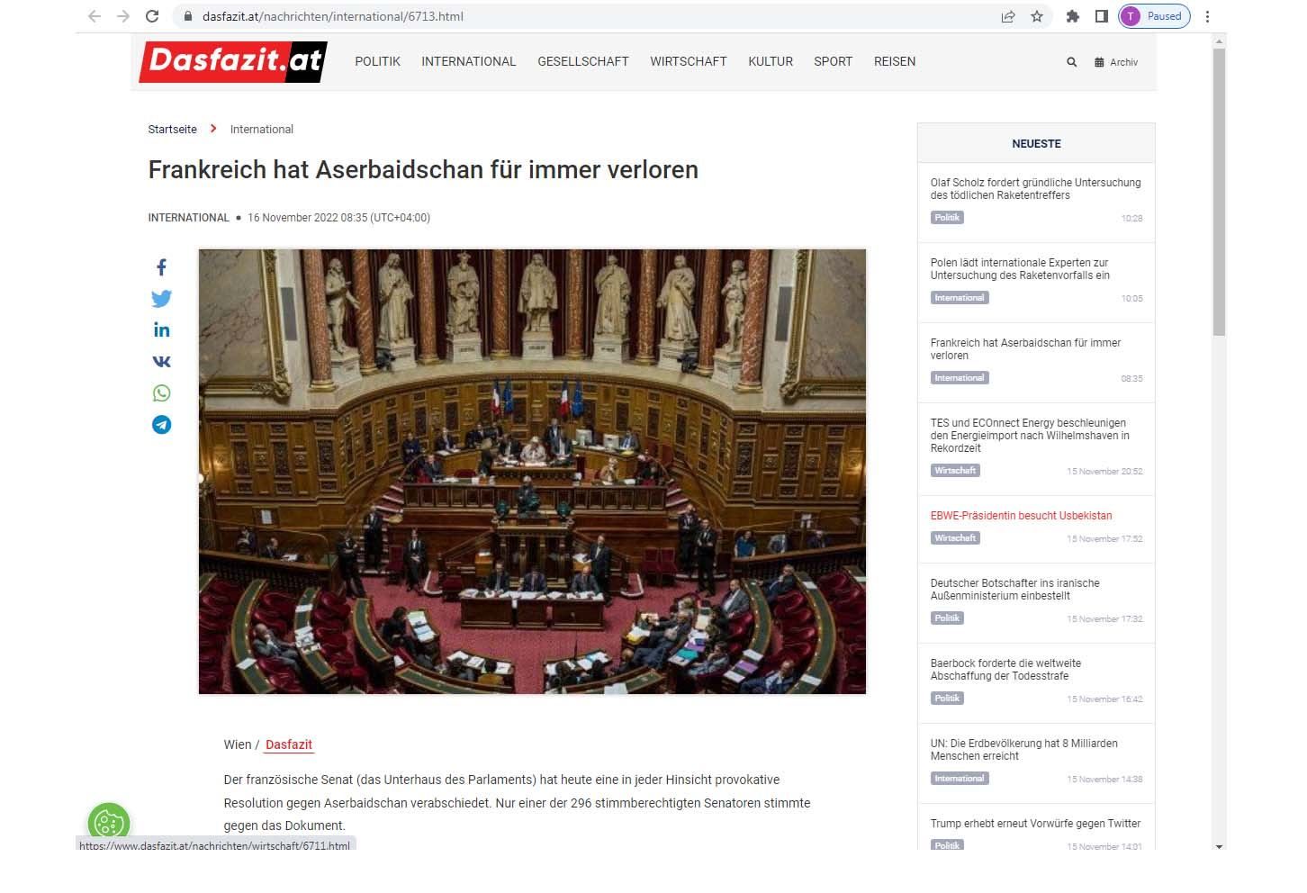 Austrian press reports on France's provocative resolution against Azerbaijan